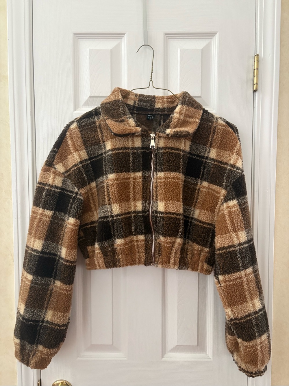 SHEIN Brown Plaid Fleece Zip-Up Teddy Jacket MEDIUM